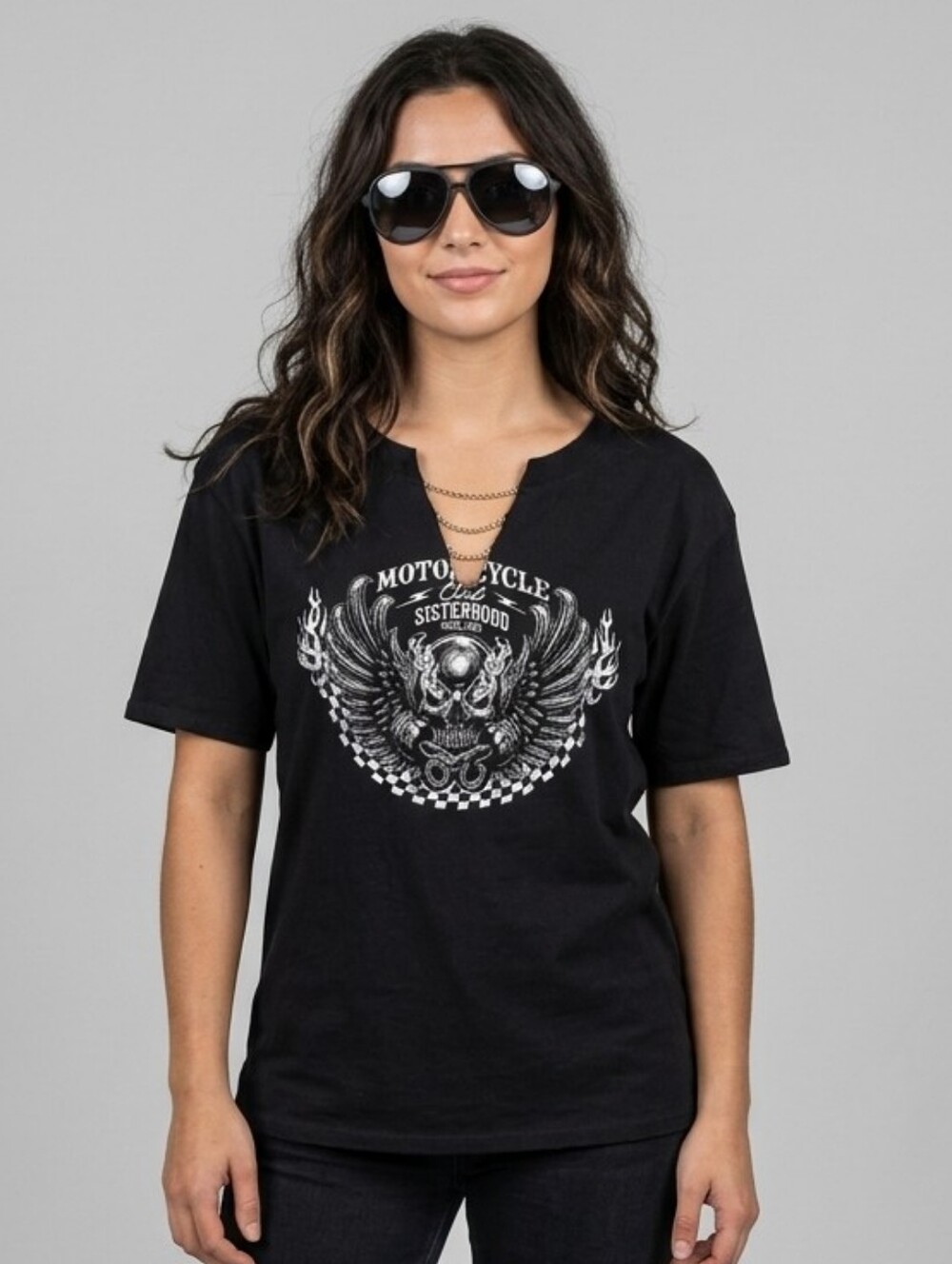 Forever 21 Shirt Black Caged V Neck Rhinestone Motorcycle‎ Shirt